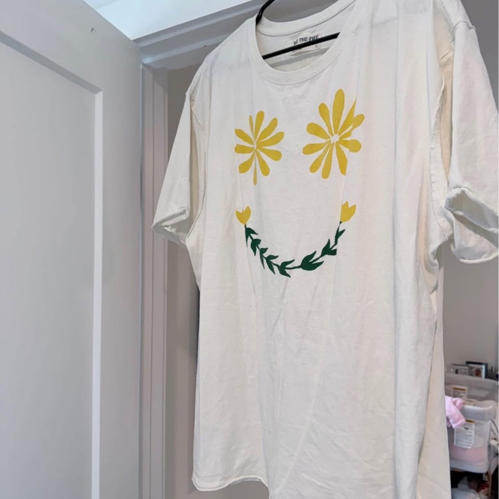 Free People White Tee with Yellow and Green Design